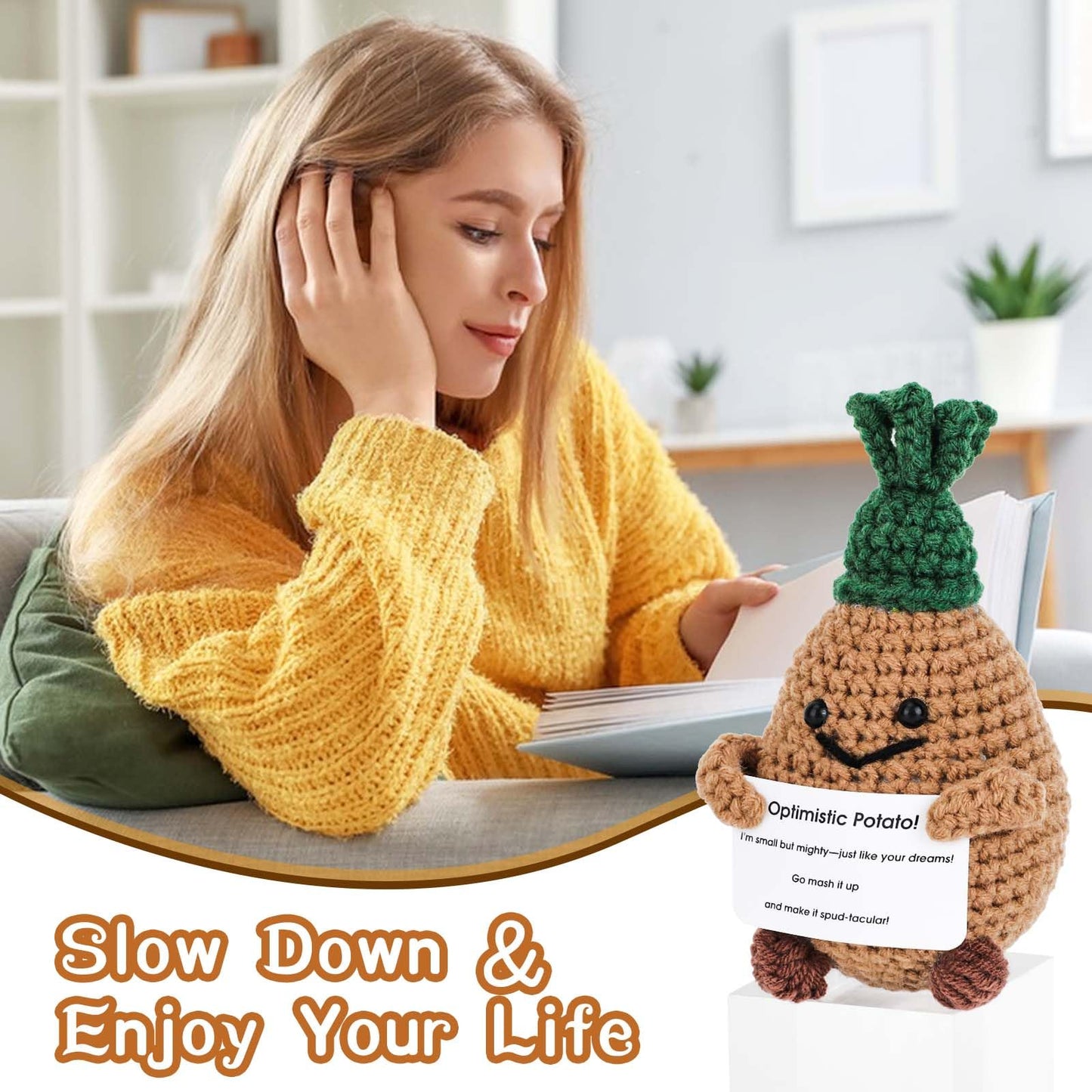 Vspek Pocket Hug Positive Strickwolle Kartoffel, Kreative Emotionalen Unterstützung Puppe mit Karte und Schlüsselanhänger
