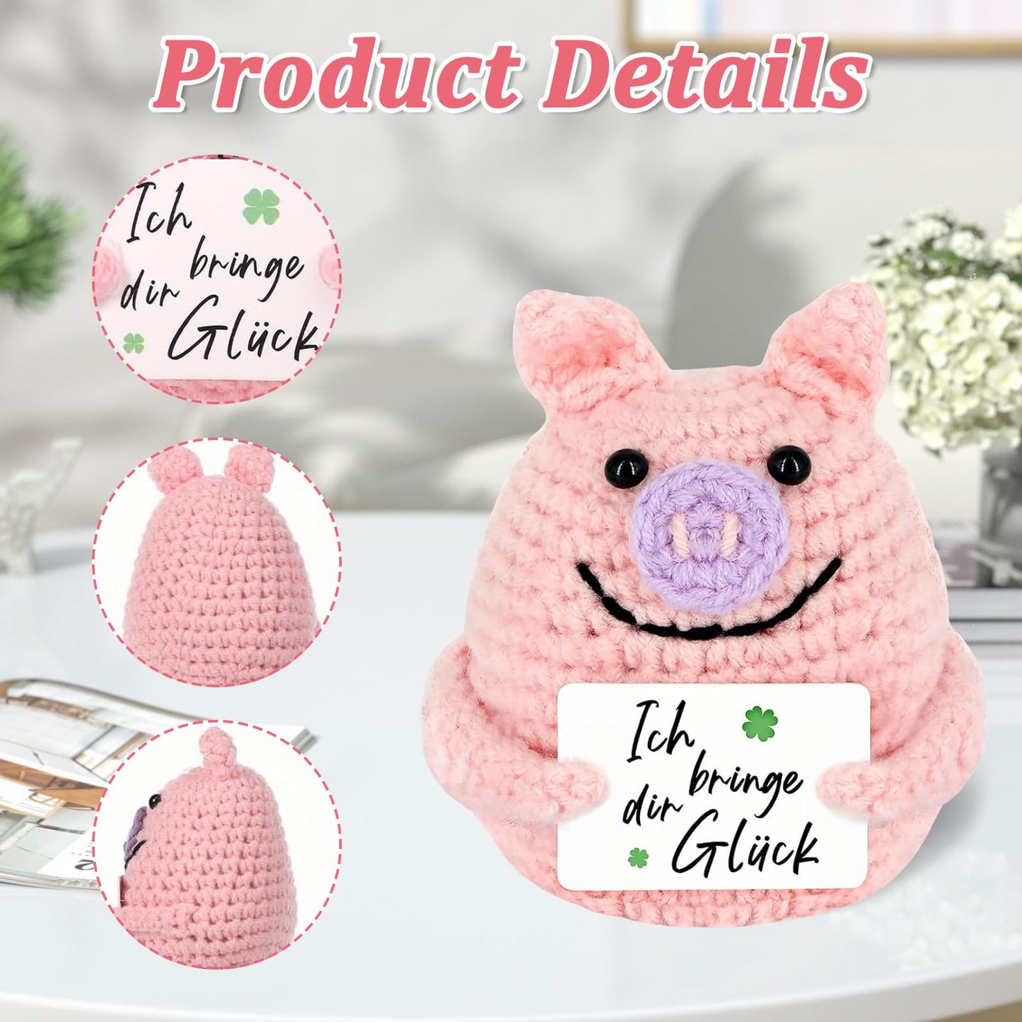 Pocket Hug Glücksschweinchen,Pocket Hug Deutsch Positive Geschenke Schwein Hug Gestrickte Tiny Schwein Puppe, Ein Tolles Geschenk für Familie