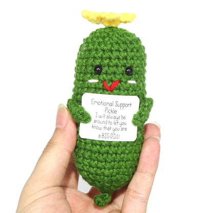 Positive Gurken Puppe, Pocket Hug Mini Plush, Saure Gurken Spielzeug mit Aufmunterung Karte, Kreative Strickwolle Pickle-Häkelpuppe, Geschenk