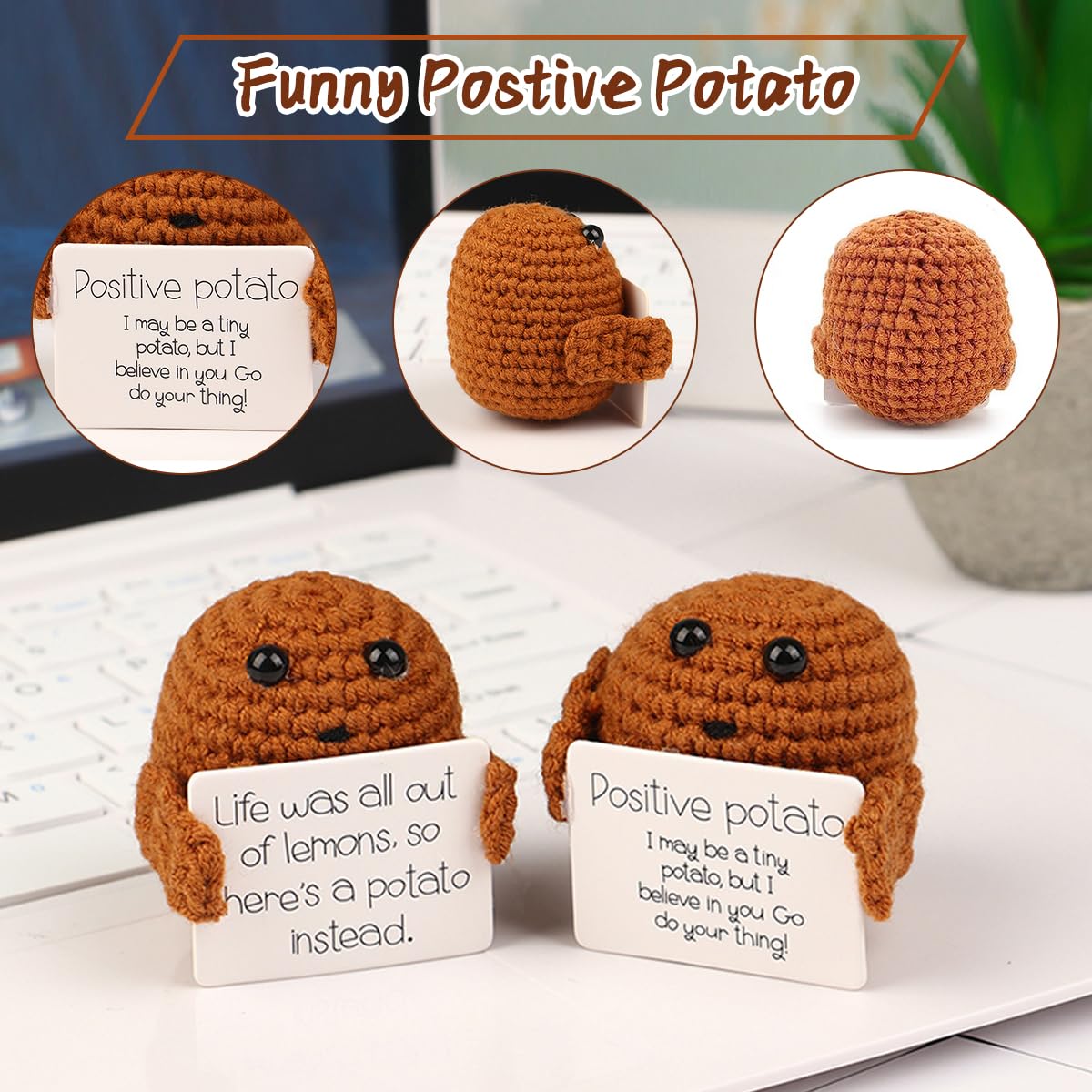 WELLXUNK Positive Potato, Pocket Hug Positive Kartoffel, Creative Knitted Wool Potato Doll mit Positiver Energiekarte, Motivationsgeschenke