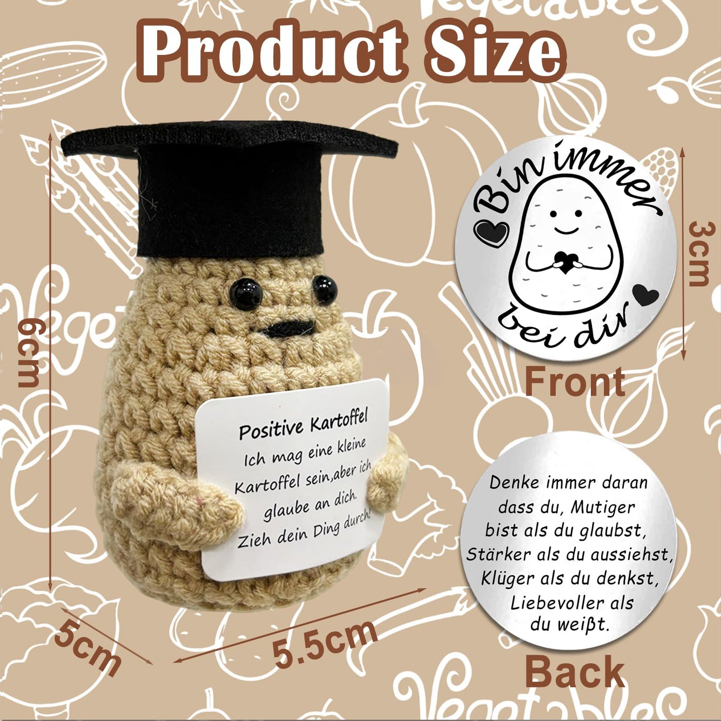 Positive Kartoffel Deutsch mit Bachelor Hut Glücksbringer Pocket Hug Glückskartoffel Emotional Support Plüschtiere Geschenkideen