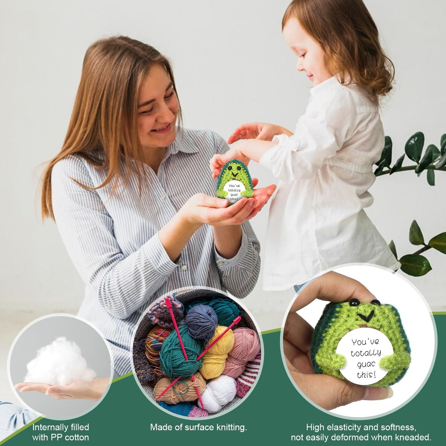 Positive Avocado Puppe - Pocket Hug Mini Plüsch, Spielzeug Mit Aufmunterung Karte, Kreative Strickwolle Häkelpuppe, Geschenk