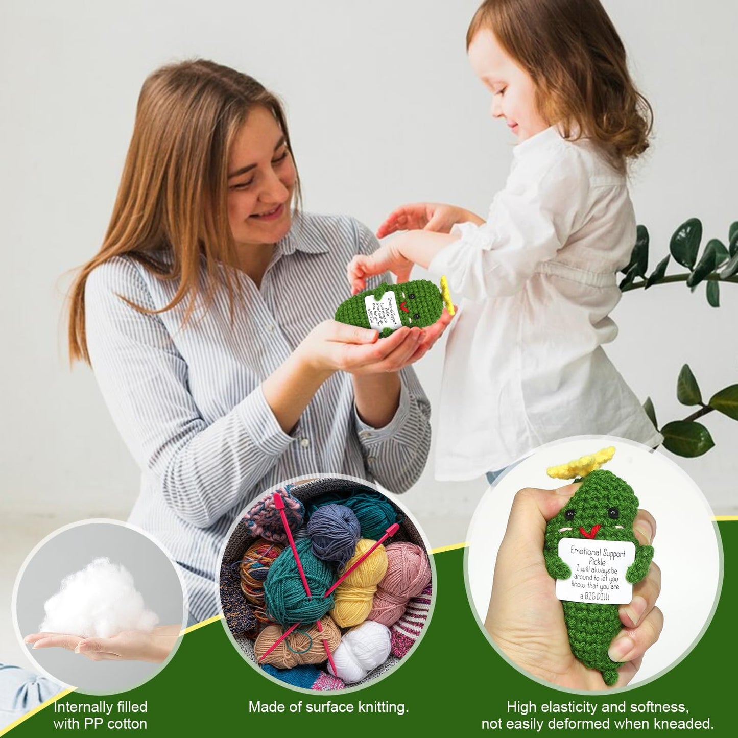 Positive Gurken Puppe, Pocket Hug Mini Plush, Saure Gurken Spielzeug mit Aufmunterung Karte, Kreative Strickwolle Pickle-Häkelpuppe, Geschenk