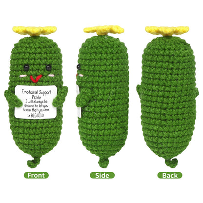 Positive Gurken Puppe, Pocket Hug Mini Plush, Saure Gurken Spielzeug mit Aufmunterung Karte, Kreative Strickwolle Pickle-Häkelpuppe, Geschenk